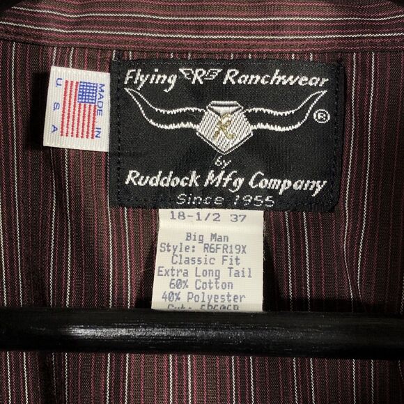 Vintage Western Pearl Snap Shirt Dark Red Black Stripe Flying R USA 18 1/2 37 - Picture 8 of 8